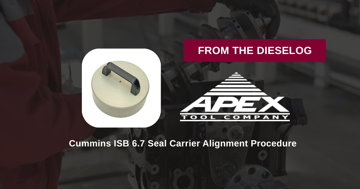 Step-by-step close up layout of diesel engine seal carrier alignment guide tool resting on a service bench